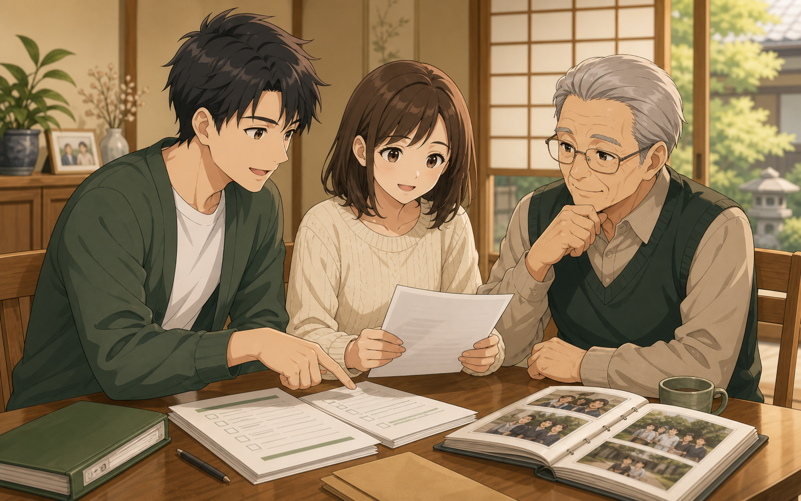 家族で相続書類と写真アルバムを確認しているアニメ調イラスト