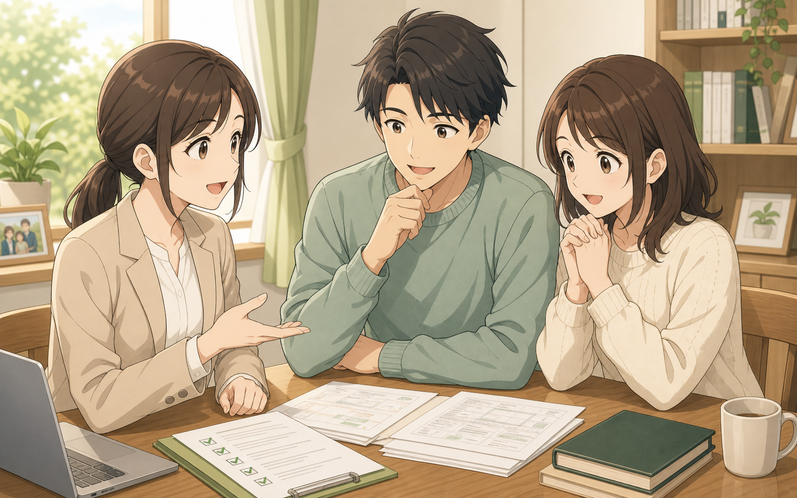 相談員と家族が相続書類を整理して安心しているアニメ調イラスト