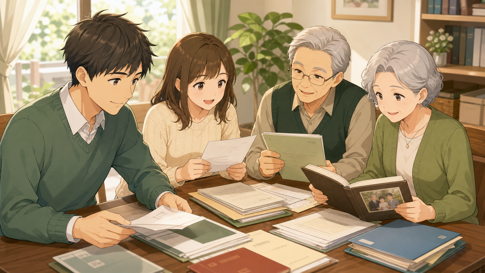 家族が通帳や保険書類、不動産資料を整理しているアニメ調イラスト
