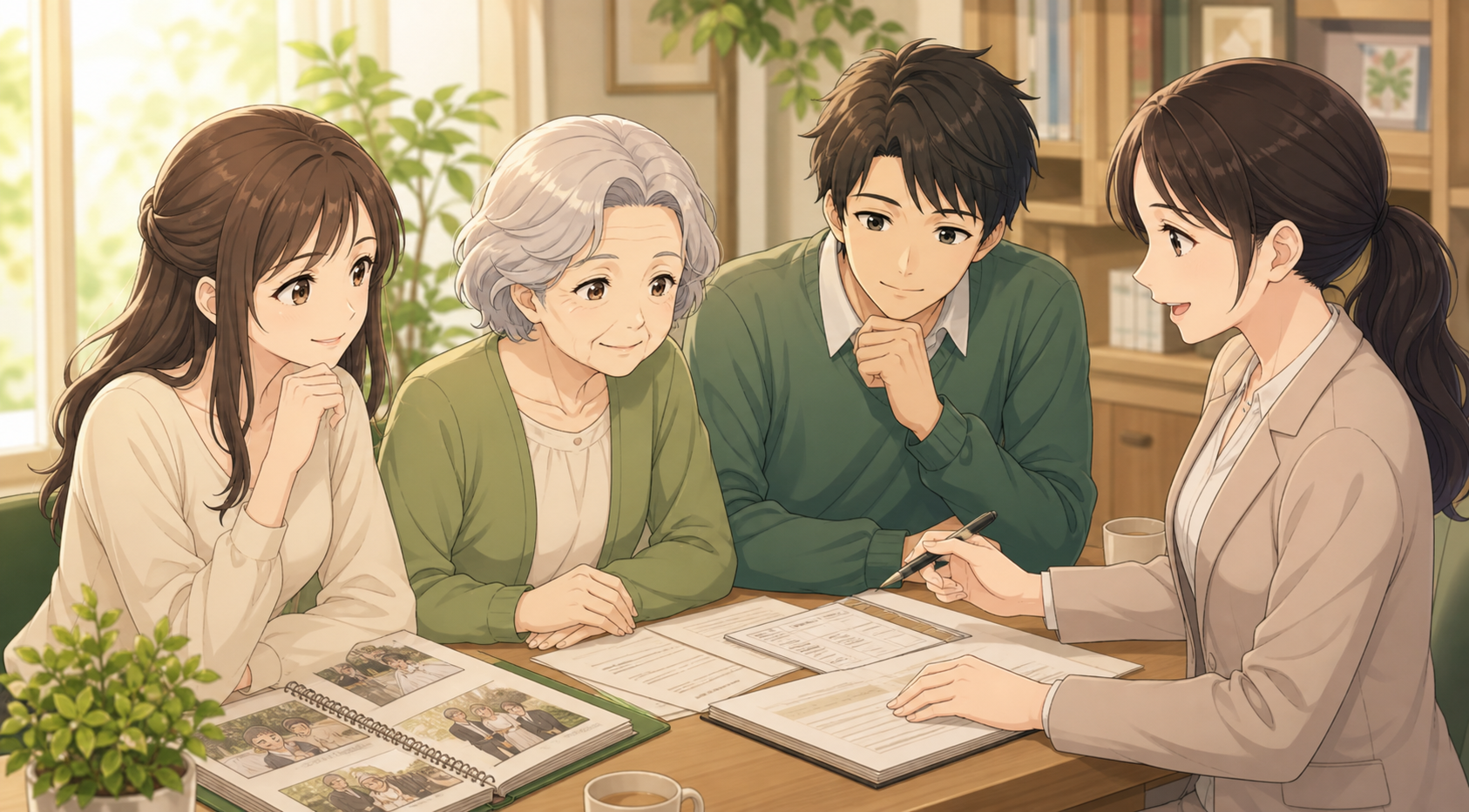 家族と相談員が相続書類を囲んで話しているアニメ調イラスト