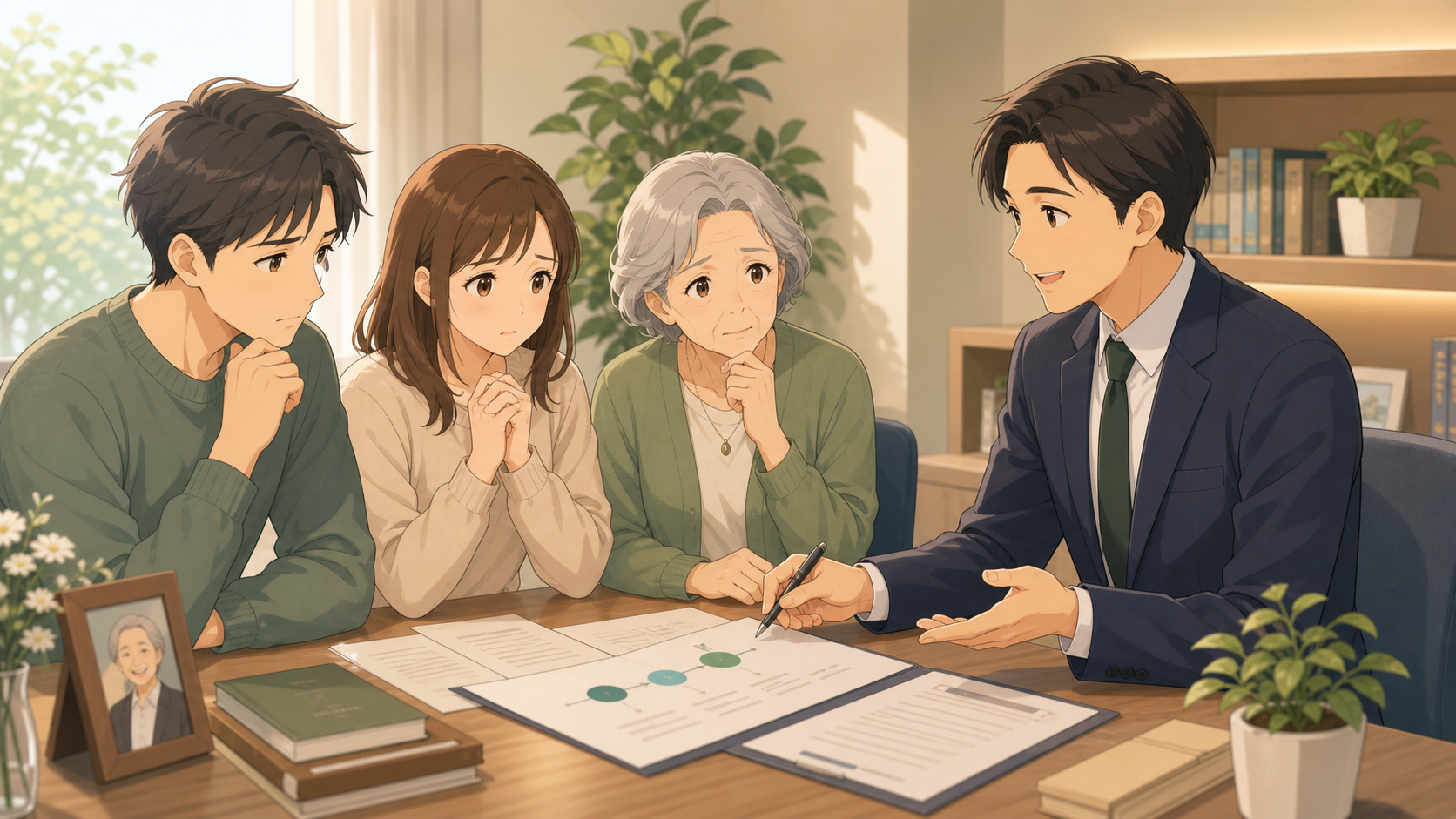 相談窓口で家族が相談員に相続の不安を話しているアニメ調イラスト