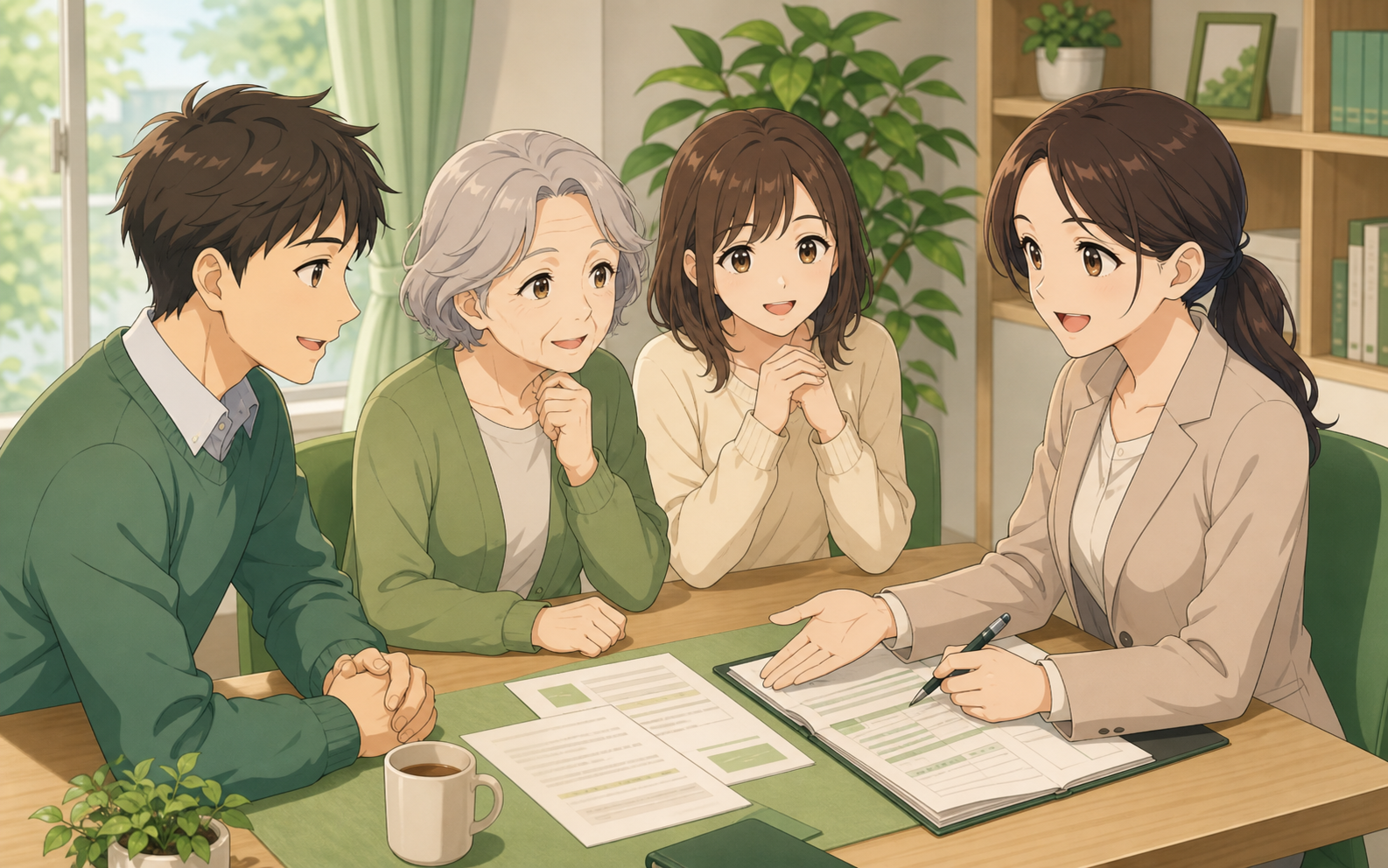 家族と相談員が相続書類を確認しているアニメ調イラスト