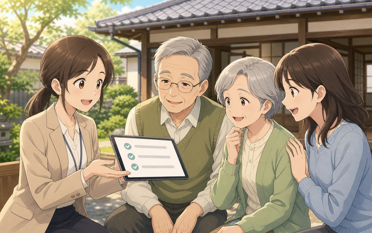 実家の前で家族と相談員が相続を確認しているアニメ調イラスト