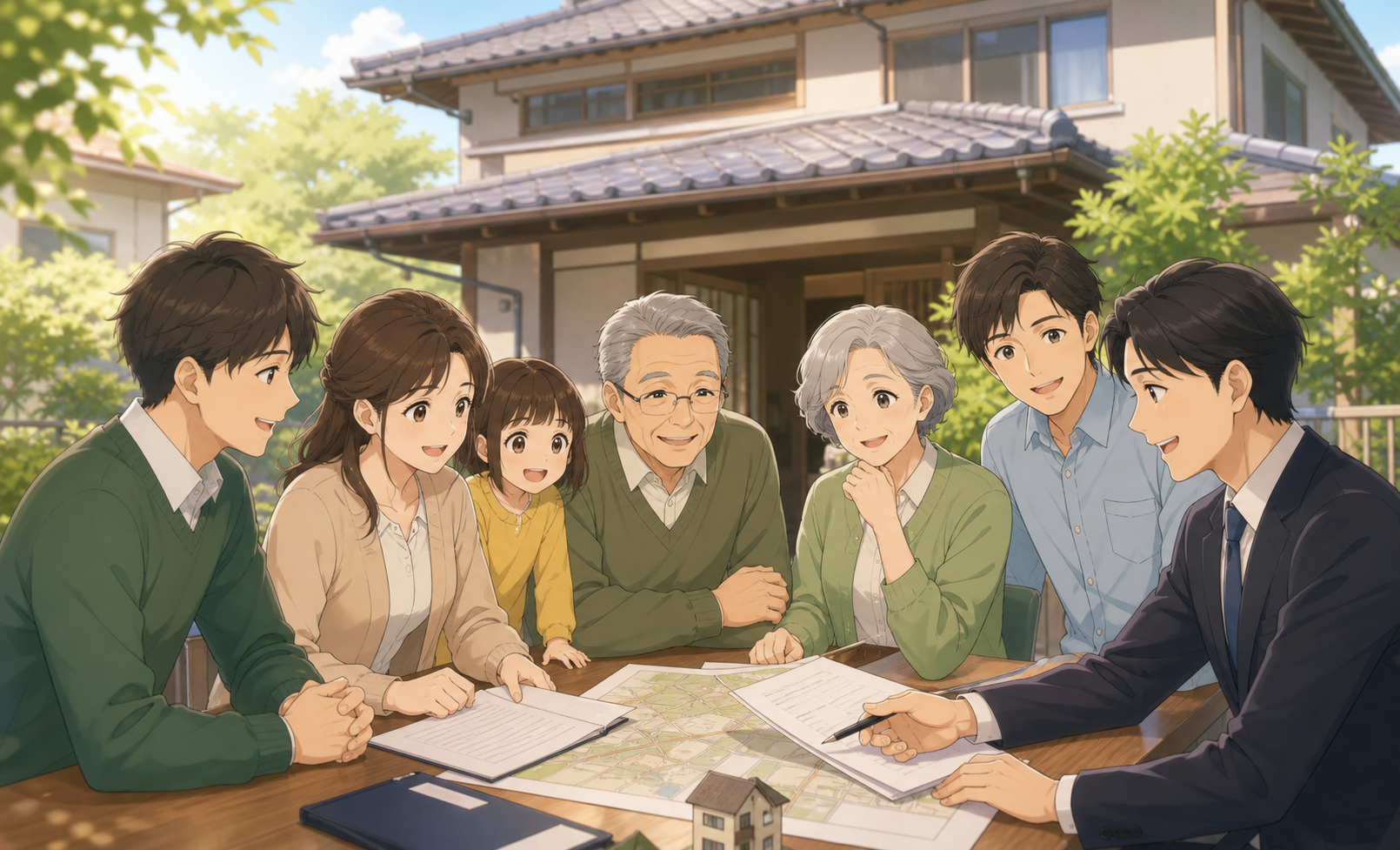 実家の前で家族と相談員が不動産資料を確認しているアニメ調イラスト
