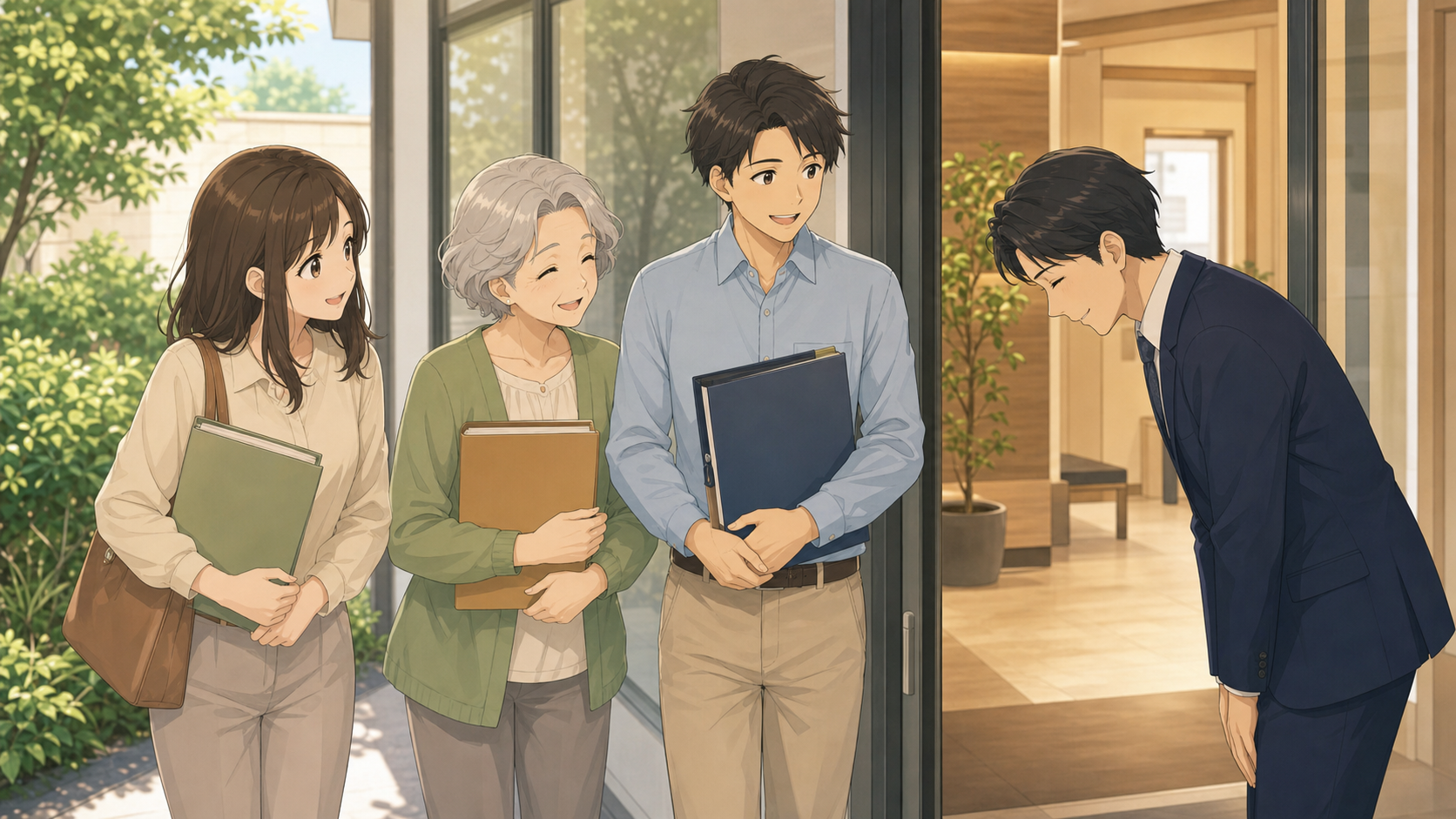 相談後に家族が安心して相談窓口を出るアニメ調イラスト