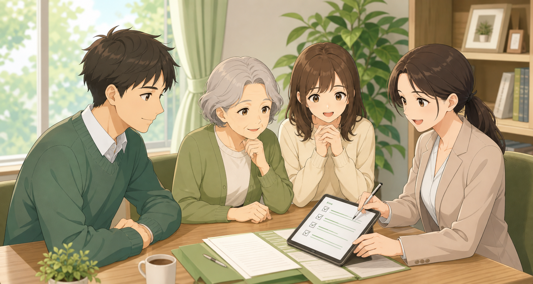 家族と相談員がタブレットと書類で相続の確認事項を見ているアニメ調イラスト