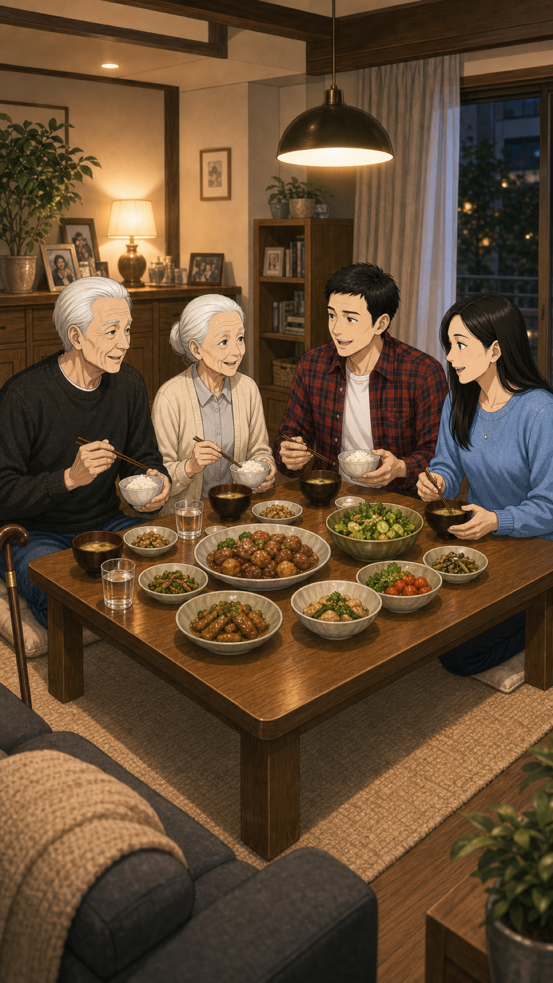 田中さん家族が普段通り食卓を囲んでいる様子