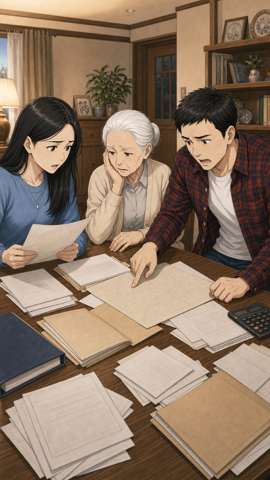 知らない土地や書類に困る家族の様子