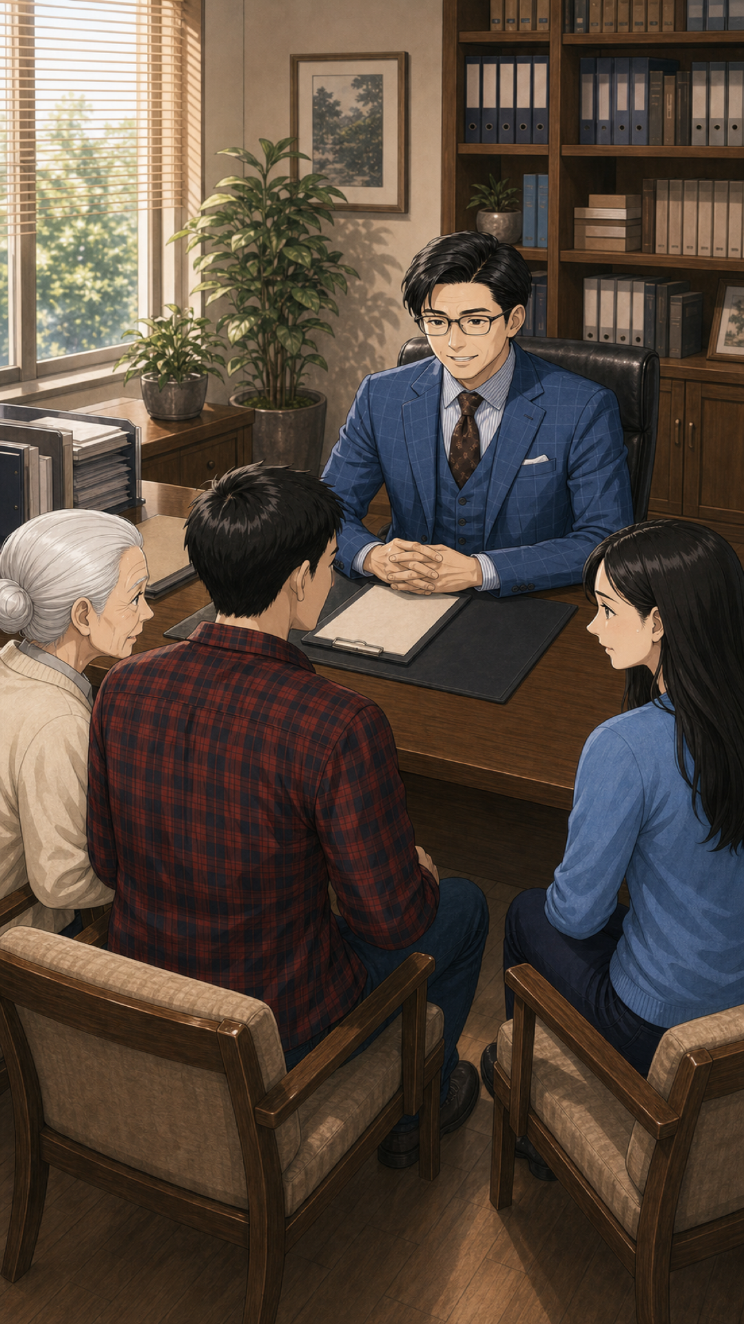 田中さん家族と司法書士が初めて出会う様子