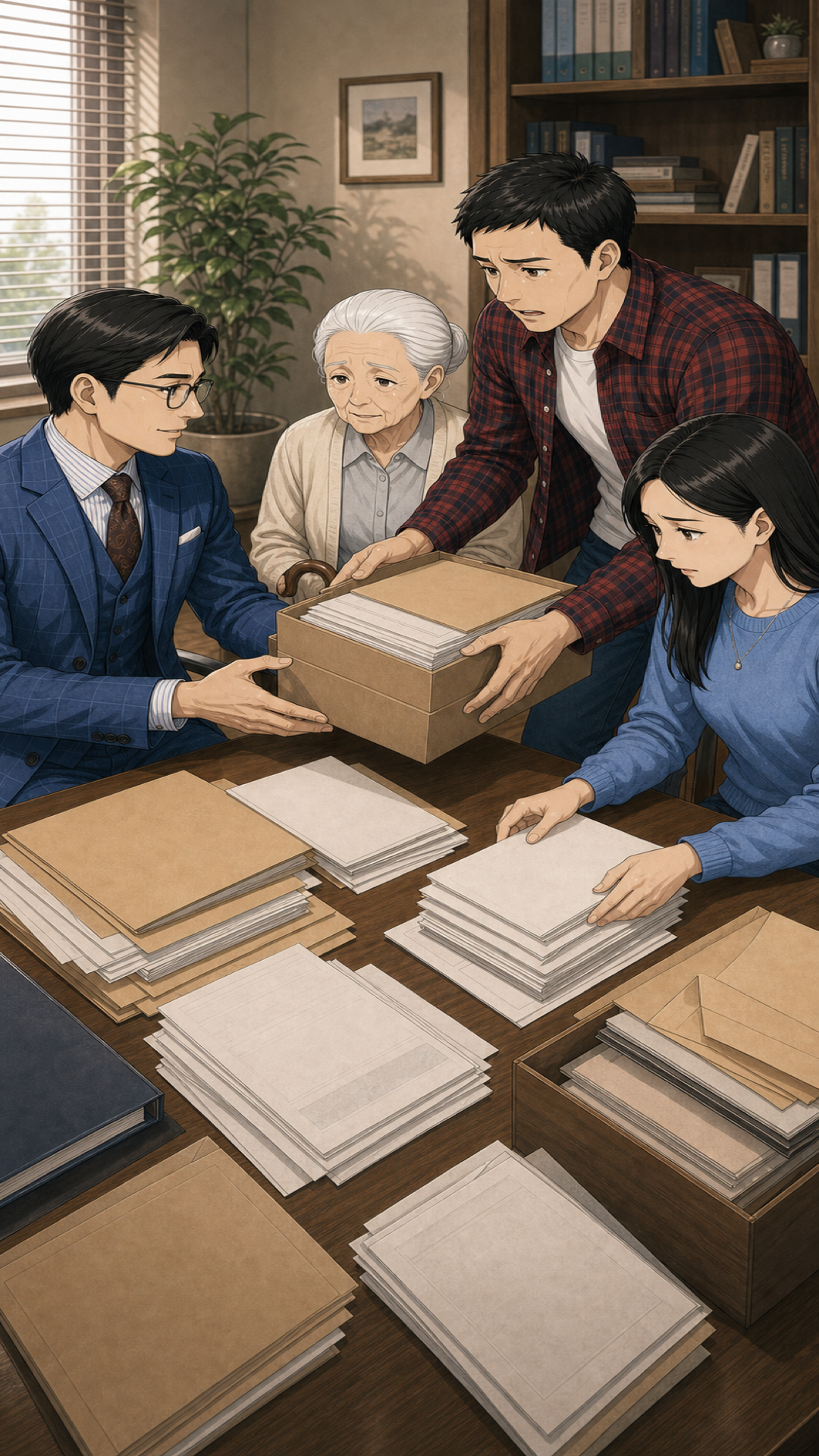 書類の束を司法書士に預ける様子